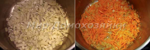 Пассеруем лук и моркковь в кастрюле с толстым дном