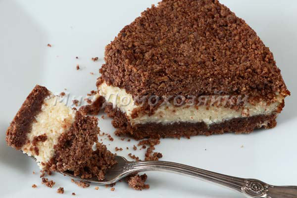Творожный пирог с песочной крошкой из какао - торфяной - в разрезе